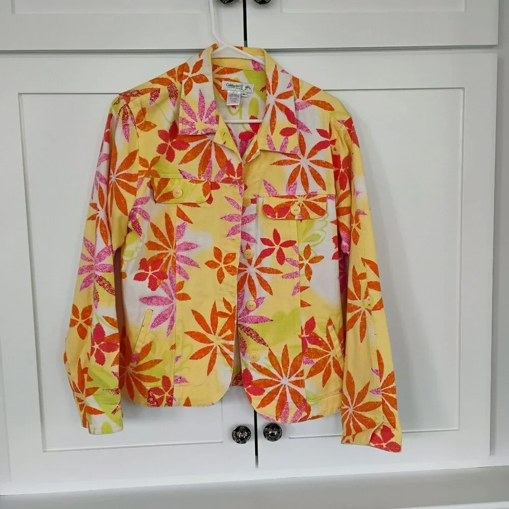 Coldwater Creek Womens Floral Button-Up Cotton Jacket Size M Yellow Pink Orange